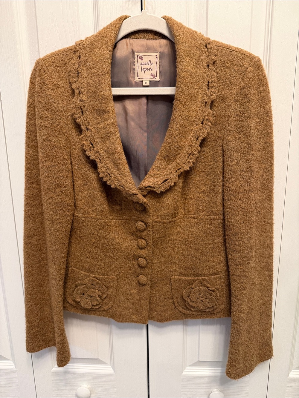Nanette Lepore Camel Wool Blend Rosette Peplum Blazer Size M